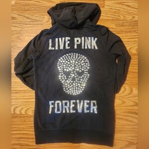 RARE PINK by VS black rhinestone skull zip up hoodie. EUC. Women's XS.